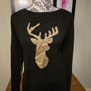Black Long Sleeve Top with Gold Deer Design